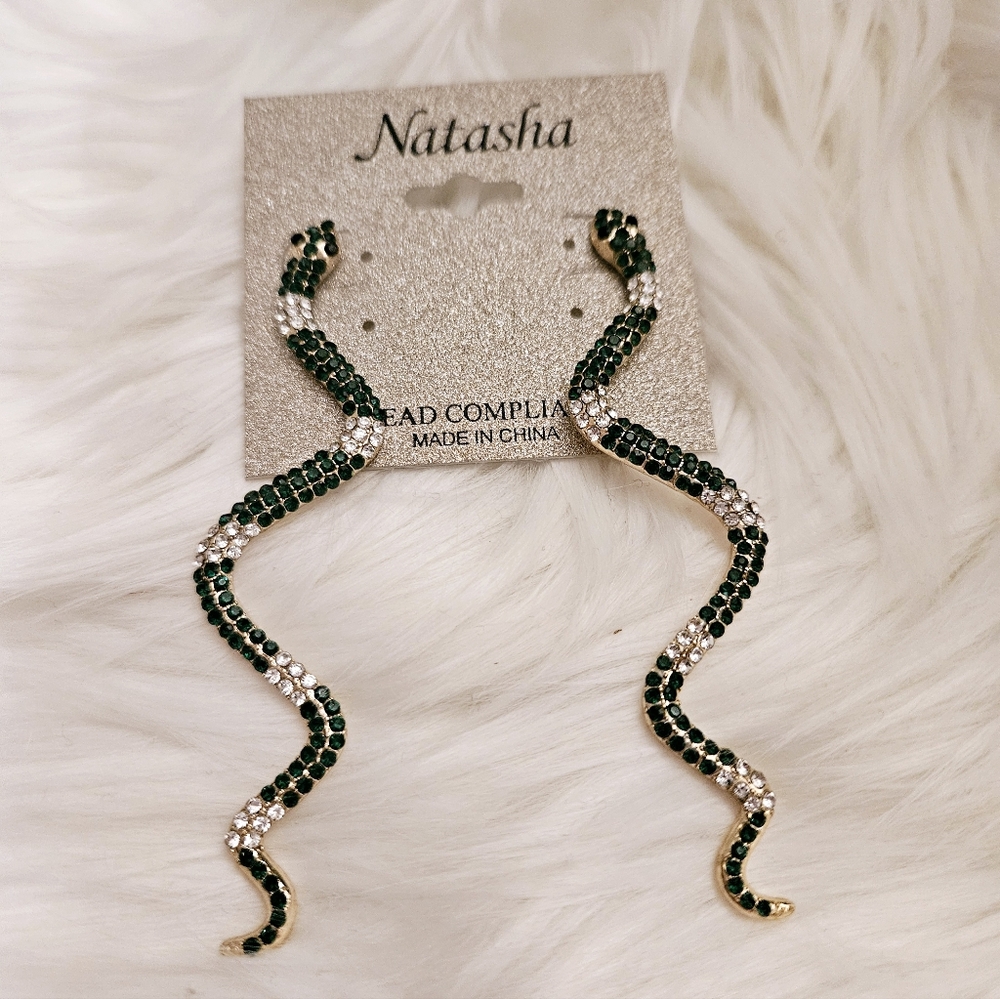 NWT Snake Serpant Earrings Green & Clear Rhinestones Year of the Snake